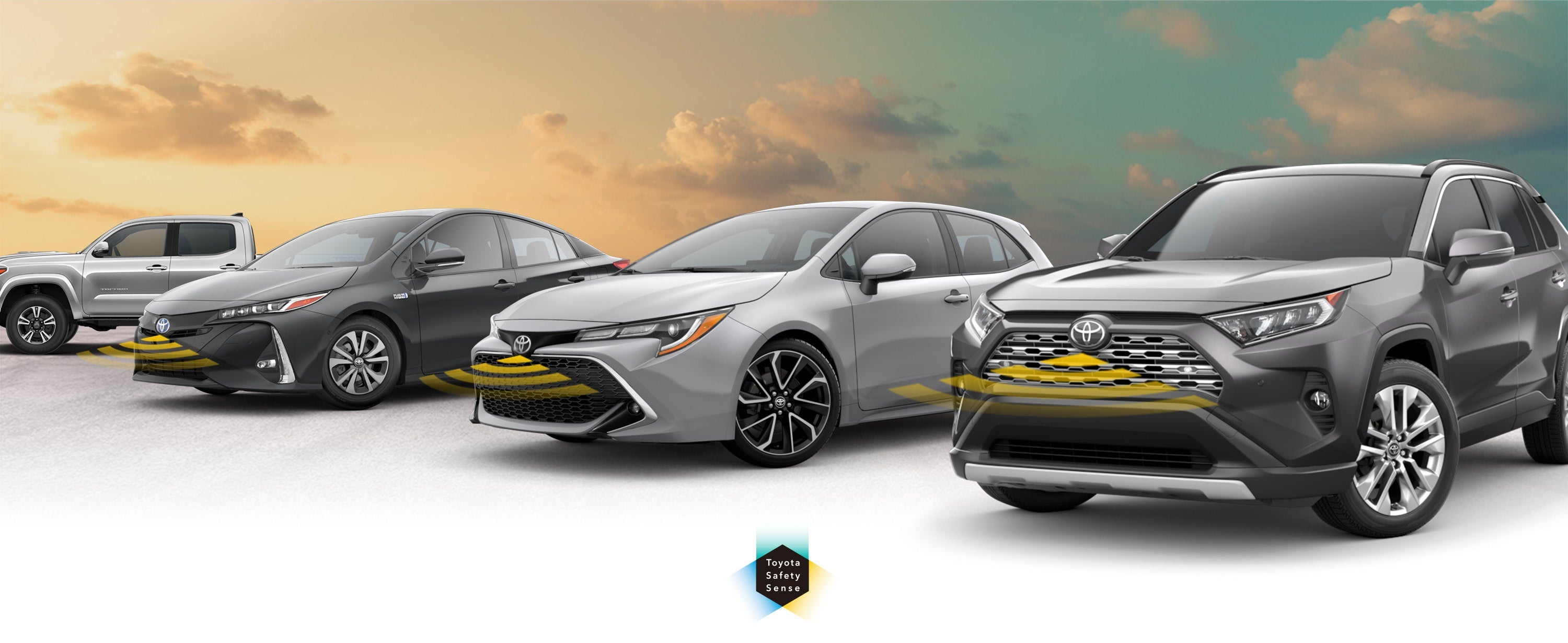 Toyota Safety Sense: Designed for Safety. Options shown on Toyota models including RAV4, Tacoma, and Camry, available now at Baierl Toyota in Mars PA.